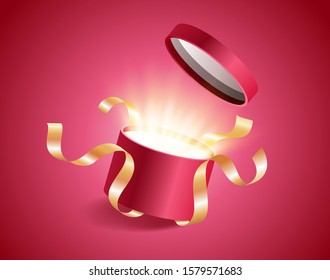 Red round opened 3d realistic gift box with magical shining glow and golden ribbons flying off cover, place for your text, realistic box with shine vector illustration