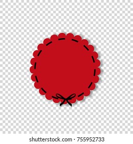 Red round paper cut style label, sticker or emblem with black lace and space for text. Circle seal stamp for design isolated on transparent background. Vector illustration, template.