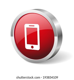 Red round phone button with metallic border on white background