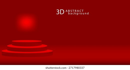 Podio redondo rojo en la exhibición roja del escenario para la ceremonia de premiación en la sala roja para la presentación del producto, 3d render.