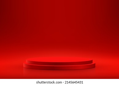 Podio rojo redondo para presentaciones sobre fondo rojo abstracto