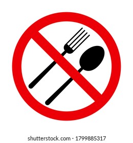 Signo de prohibición redondeada roja, bifurcación y cuchara negra en blanco, para diseño, ilustración vectorial
