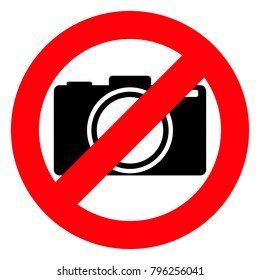 Red round prohibition sign, photo camera black on white background, vector