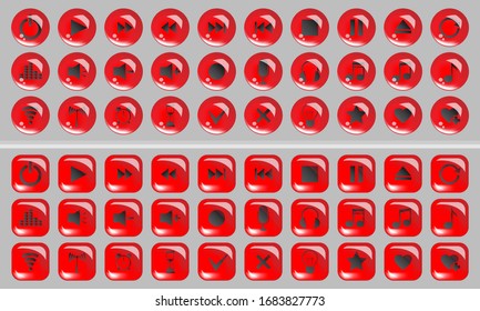 3D-Tasten aus rotem, rundem und rechteckigem, volumetrischem Glas auf grauem Hintergrund für Schnittstellenset. Vektorillustration
