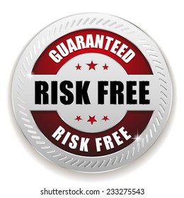 Red round risk free badge with silver border on white background