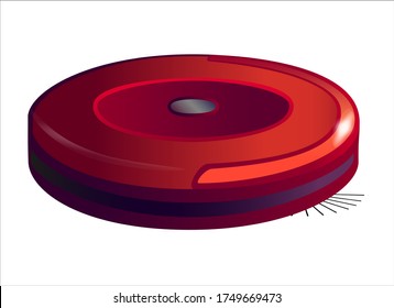 Red, round robot vacuum cleaner - vector full color picture. Robotic, wireless, self-contained red vacuum cleaner. Vacuum cleaner and floor cleaner - household appliances.