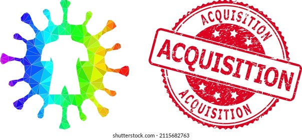 Sello de caucho rojo redondo ACQUISITION e icono de virus humano bajo con gradiente de color de espectro. Icono poligonal del virus humano vibrante del espectro triangulado.