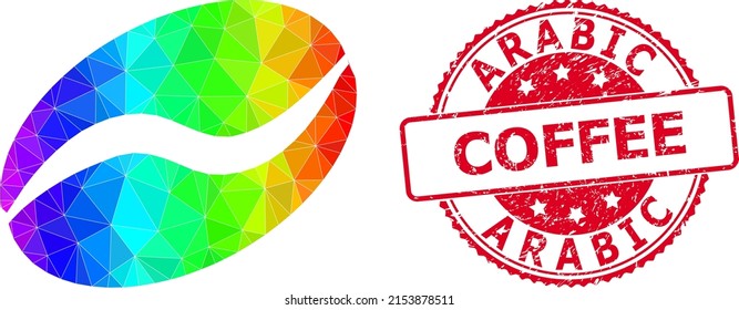 Red round rubber ARABIC COFFEE seal and low-poly cacao bean icon with spectrum colored gradient. Triangulated spectrum colorful cacao bean polygonal symbol illustration.