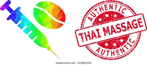 Red round rubber AUTHENTIC THAI MASSAGE stamp and low-poly coffein syringe icon with spectral colored gradient. Triangulated spectral colorful coffein syringe polygonal 2d illustration.