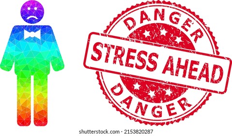 Red round rubber DANGER STRESS AHEAD seal and low-poly sad man icon with spectral colored gradient.