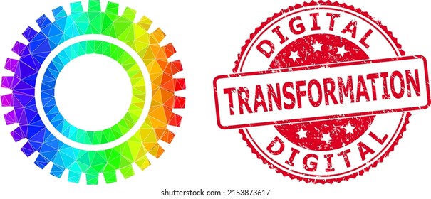 Red round rubber DIGITAL TRANSFORMATION badge and lowpoly clock gear icon with rainbow colored gradient. Triangulated rainbow colorful clock gear polygonal icon illustration.