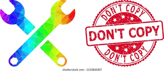 Red round rubber DON'T COPY seal and lowpoly spanners icon with spectrum vibrant gradient. Triangulated rainbow vibrant spanners polygonal symbol illustration.