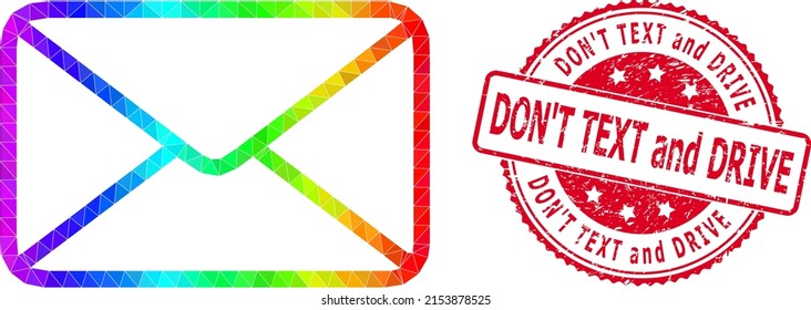 Red round rubber DON'T TEXT AND DRIVE badge and lowpoly envelope icon with spectrum colored gradient.
