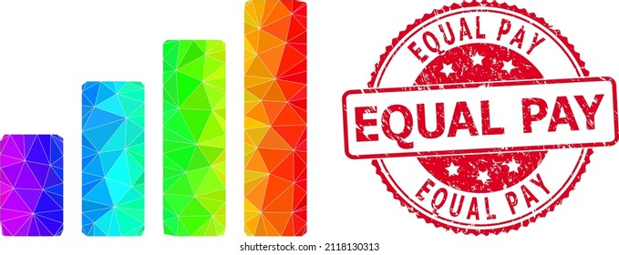 Caucho rojo redondo EQUAL PAY sello sello y barra de color bajo icono con gradiente de color arcoiris. Gráfico de barras coloridas del arcoiris triangulado ilustración de símbolo poligonal.
