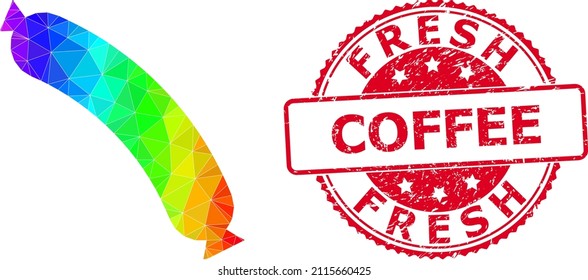 Red round rubber FRESH COFFEE badge and lowpoly sausage icon with rainbow colored gradient.