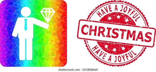 Red round rubber HAVE A JOYFUL CHRISTMAS stamp seal and low-poly groom diamond icon with spectrum vibrant gradient. Triangulated spectrum colorful groom diamond polygonal icon illustration.