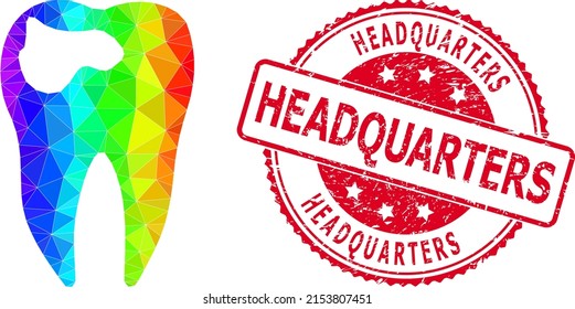 Red round rubber HEADQUARTERS badge and low-poly tooth caries icon with spectral colorful gradient.