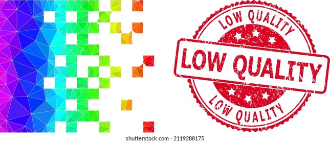 Red round rubber LOW QUALITY stamp seal and lowpoly dissolving pixels icon with rainbow colorful gradient. Triangulated rainbow colorful dissolving pixels polygonal symbol illustration.