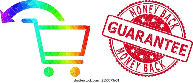 Red round rubber MONEY BACK GUARANTEE stamp and lowpoly cancel shopping order icon with spectrum colored gradient. Triangulated rainbow colored cancel shopping order polygonal 2d illustration.