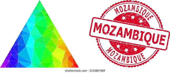 Red round rubber MOZAMBIQUE seal and low-poly filled triangle icon with spectrum colorful gradient. Triangulated spectral colored filled triangle polygonal icon illustration.