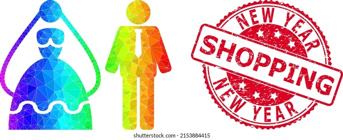 Red round rubber NEW YEAR SHOPPING stamp seal and lowpoly marriage persons icon with rainbow colored gradient. Triangulated rainbow colorful marriage persons polygonal symbol illustration.