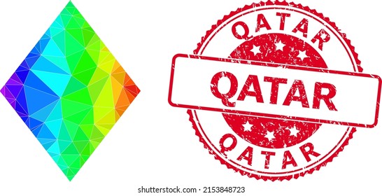 Red round rubber QATAR seal and low-poly filled rhombus icon with rainbow colorful gradient. Triangulated spectral colored filled rhombus polygonal icon illustration.