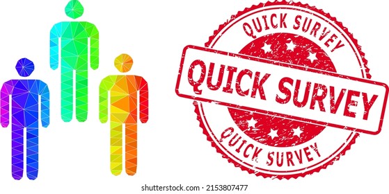 Red round rubber QUICK SURVEY stamp seal and lowpoly people icon with spectral vibrant gradient.