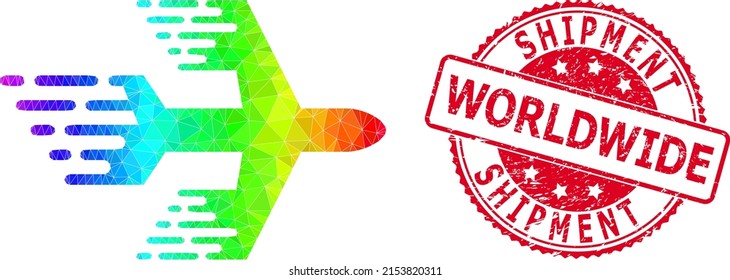 Red round rubber SHIPMENT WORLDWIDE badge and lowpoly airplane icon with spectrum vibrant gradient. Triangulated rainbow colorful airplane polygonal icon illustration.