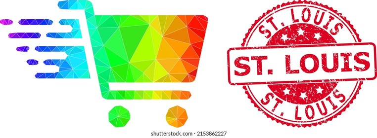 Red round rubber ST. LOUIS seal and lowpoly shopping cart icon with spectral colored gradient. Triangulated rainbow colored shopping cart polygonal 2d illustration with St.