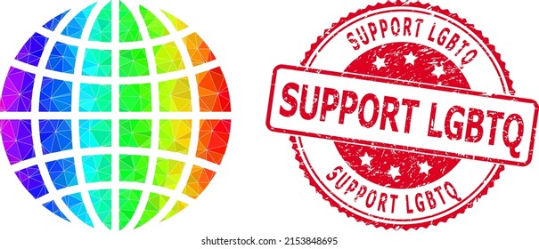 Red round rubber SUPPORT LGBTQ stamp seal and low-poly LGBT world icon with rainbow vibrant gradient. Triangulated rainbow vibrant LGBT world polygonal 2d illustration.