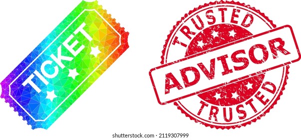 Red round rubber TRUSTED ADVISOR seal and low-poly ticket icon with rainbow colored gradient.