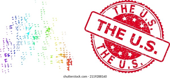 Red round rubber THE U.S. badge and low-poly sand swarm icon with spectrum colorful gradient. Triangulated spectral colorful sand swarm polygonal icon illustration. and The U.S.