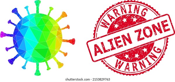 Red round rubber WARNING ALIEN ZONE stamp seal and lowpoly red virus icon with spectrum colorful gradient.