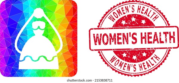 Red round rubber WOMEN'S HEALTH stamp seal and lowpoly bride icon with spectral vibrant gradient.