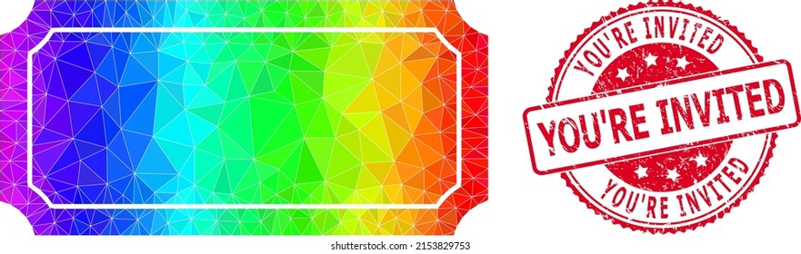 Red round rubber YOU'RE INVITED stamp seal and lowpoly ticket frame icon with spectrum vibrant gradient.