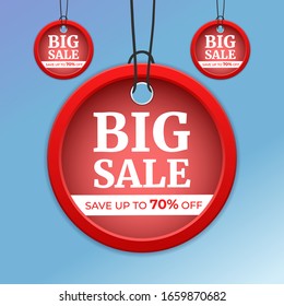 Red round sale badge in 3d style, with the text "BIG SALE, SAVE UP TO 70 percent OFF". Vector illustration of a realistic badge