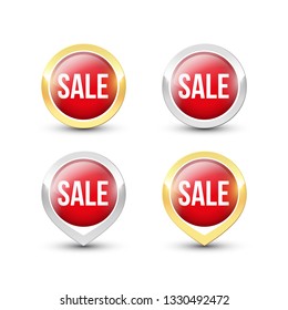 Red round SALE buttons and pointers with metallic gold and silver border. Vector label icons isolated on white background.