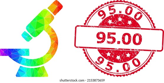 Red round scratched 95.00 badge and lowpoly microscope icon with rainbow colored gradient. Triangulated spectral vibrant microscope polygonal icon illustration. and 95.00 scratched round red badge.