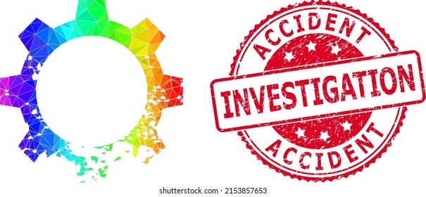 Red round scratched ACCIDENT INVESTIGATION stamp and low-poly damaged gear icon with spectral vibrant gradient.