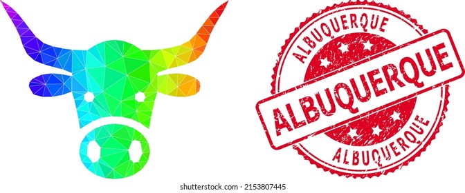 Red round scratched ALBUQUERQUE stamp and low-poly cow head icon with rainbow vibrant gradient.