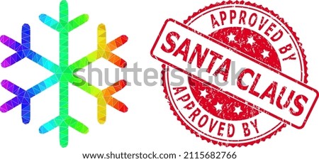 Red round scratched APPROVED BY SANTA CLAUS stamp seal and lowpoly snowflake icon with rainbow vibrant gradient.