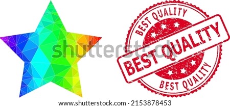 Red round scratched BEST QUALITY stamp seal and lowpoly red star icon with spectral colored gradient.