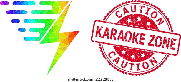 Red round scratched CAUTION KARAOKE ZONE stamp and lowpoly electric power icon with spectrum vibrant gradient.