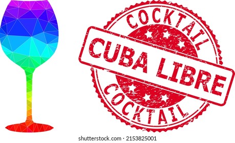 Red round scratched COCKTAIL CUBA LIBRE stamp seal and low-poly wine glass icon with spectral colored gradient.