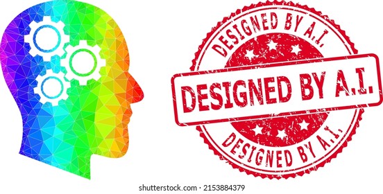 Red round scratched DESIGNED BY A.I. stamp and low-poly brain gears icon with rainbow colorful gradient. Triangulated spectral colorful brain gears polygonal icon illustration with Designed by A.I.