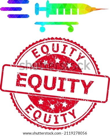 Red round scratched EQUITY seal and lowpoly vaccine delivery icon with spectrum colorful gradient. Triangulated spectral colorful vaccine delivery polygonal icon illustration.