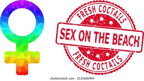 Red round scratched FRESH COCTAILS SEX ON THE BEACH stamp seal and lowpoly female symbol icon with rainbow vibrant gradient.