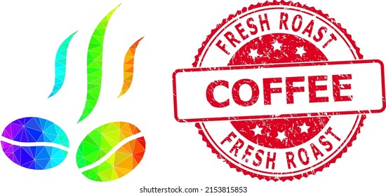 Red round scratched FRESH ROAST COFFEE stamp and lowpoly coffee beans smell icon with rainbow vibrant gradient.