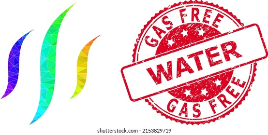 Red round scratched GAS FREE WATER badge and low-poly vapor icon with spectrum colored gradient.