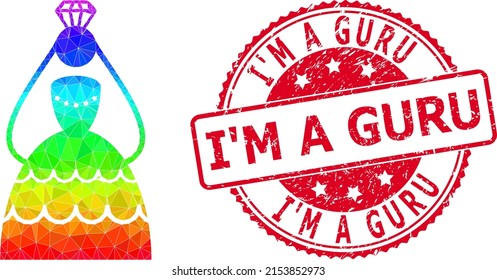 Red round scratched I'M A GURU stamp seal and low-poly crowned bride icon with rainbow vibrant gradient. Triangulated rainbow vibrant crowned bride polygonal icon illustration.